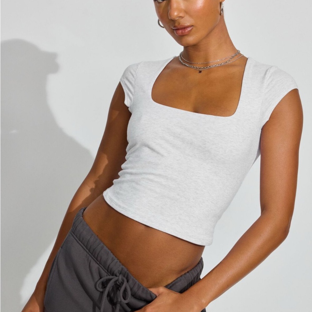 Garage Spring Grey Mix Square Neck Short Sleeve Fitted Crop Top